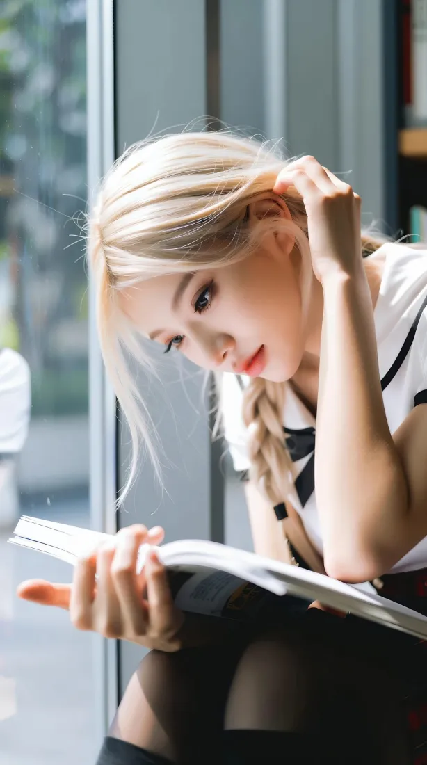 金发麻花辫美女手机壁纸｜窗边看书背景图片 - 清纯制服少女「哲风壁纸」