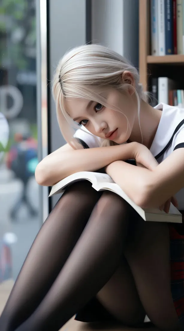 银发白肤美女手机壁纸｜窗边书店背景图片 - 水手服黑丝写真「哲风壁纸」