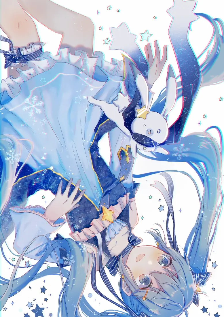 蓝发二次元美少女手机壁纸｜兔子星星背景图片 - 日系插画「哲风壁纸」