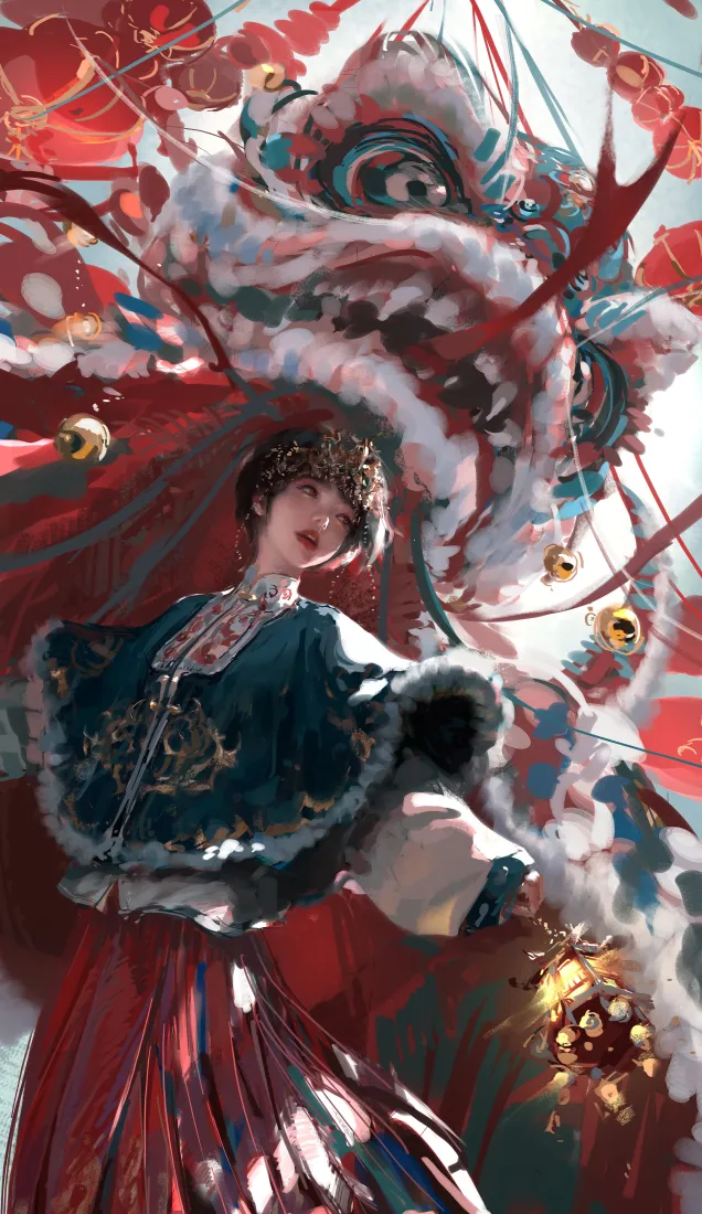春节醒狮少女手机壁纸｜国风喜庆新年背景图片 - 汉服少女「哲风壁纸」