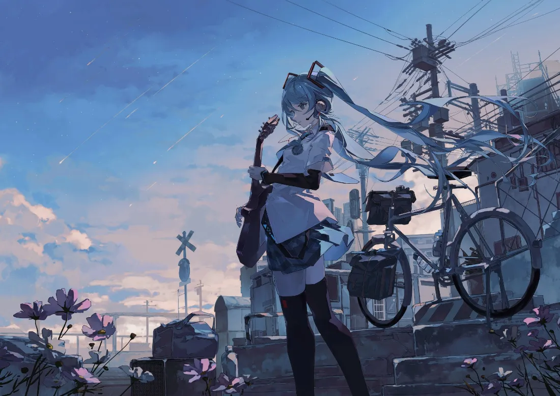2k初音未来壁纸｜城市街头吉他背景图片 - 白裙少女「哲风壁纸」