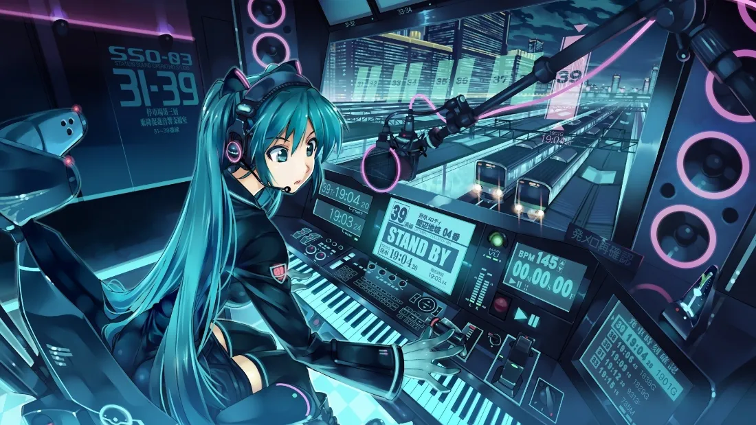 2k初音未来壁纸｜电子调音室背景图片 - 蓝发二次元音乐少女「哲风壁纸」