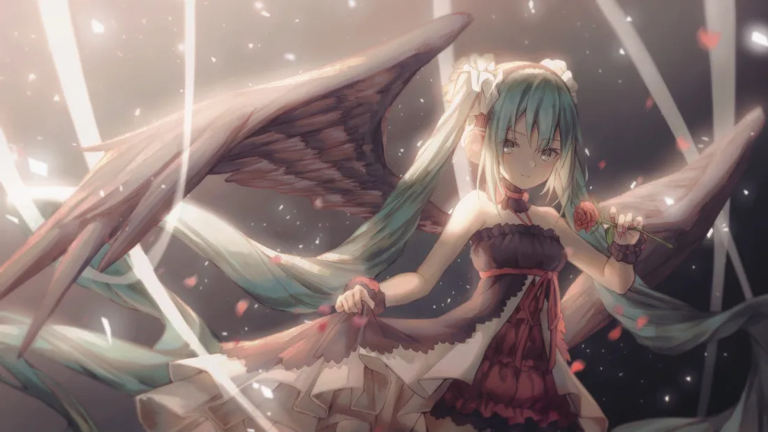2k初音未来壁纸｜红裙翅膀背景图片 - 梦幻光效少女「哲风壁纸」
