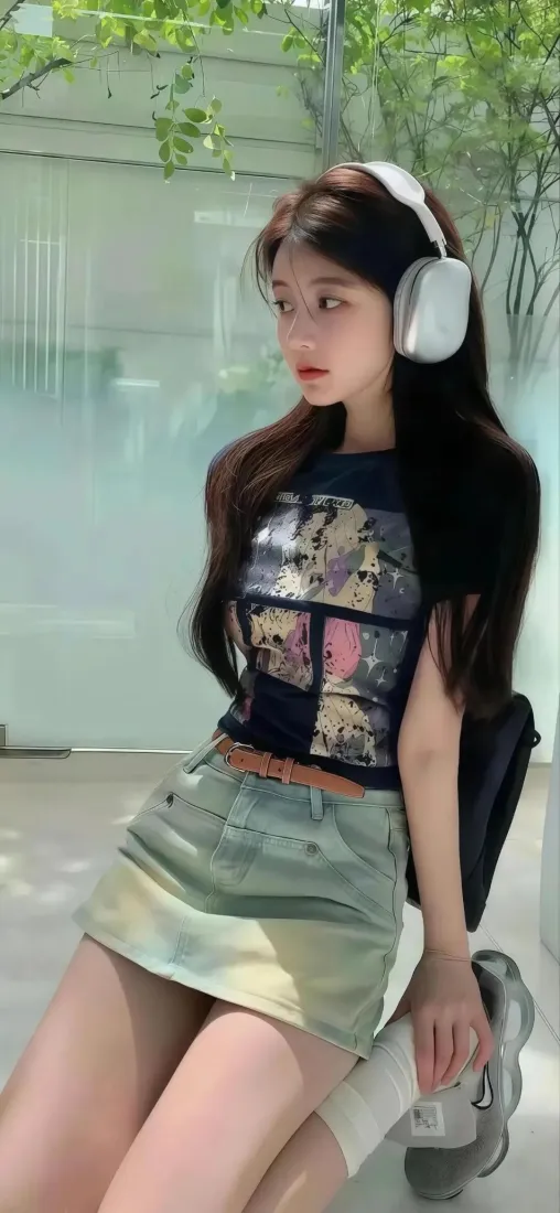 耳机美女手机壁纸｜清新绿植背景图片 - 休闲穿搭少女「哲风壁纸」
