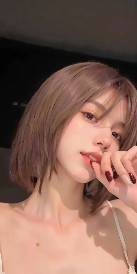 短发美女手机壁纸｜浅棕发色吊带背景图片 - 氛围感人像「哲风壁纸」