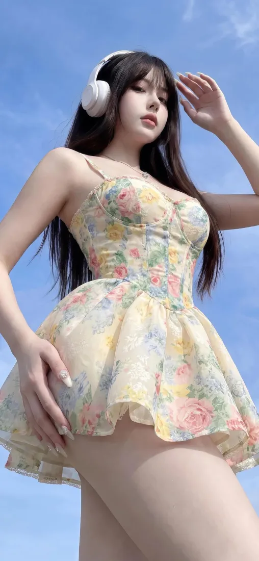 甜美美女手机壁纸｜蓝天户外背景图片 - 碎花吊带裙穿搭「哲风壁纸」