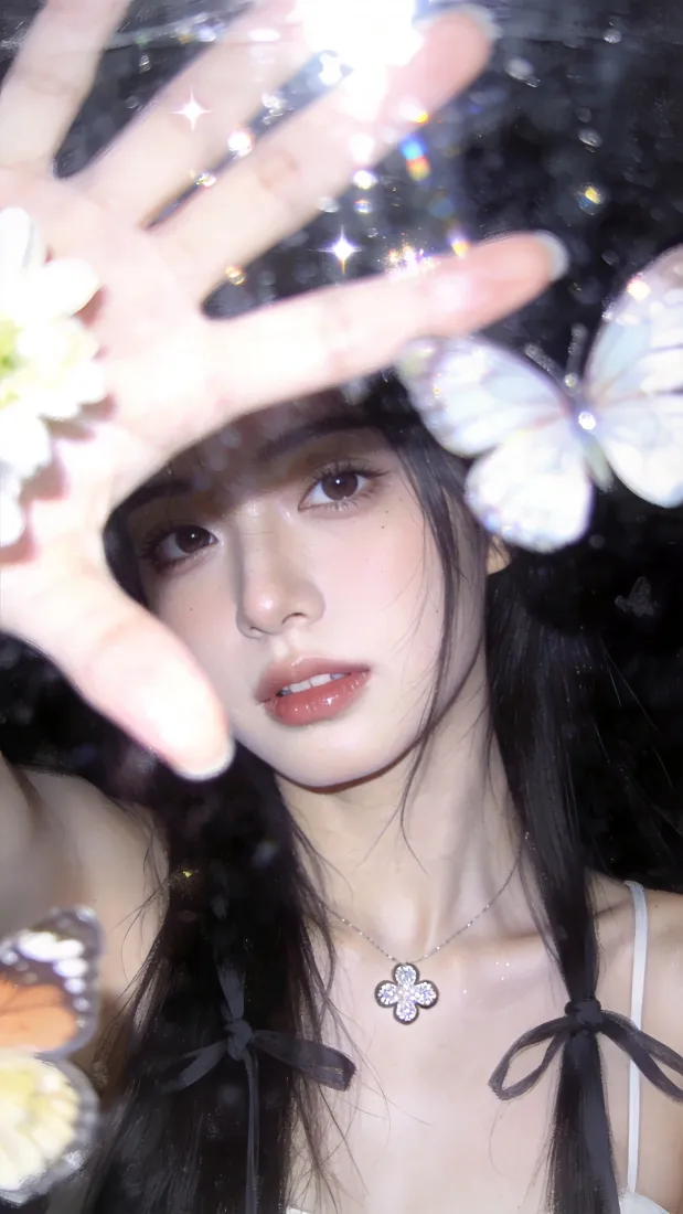 甜美长发美女手机壁纸｜闪片蝴蝶背景图片 - 纯欲氛围感写真「哲风壁纸」