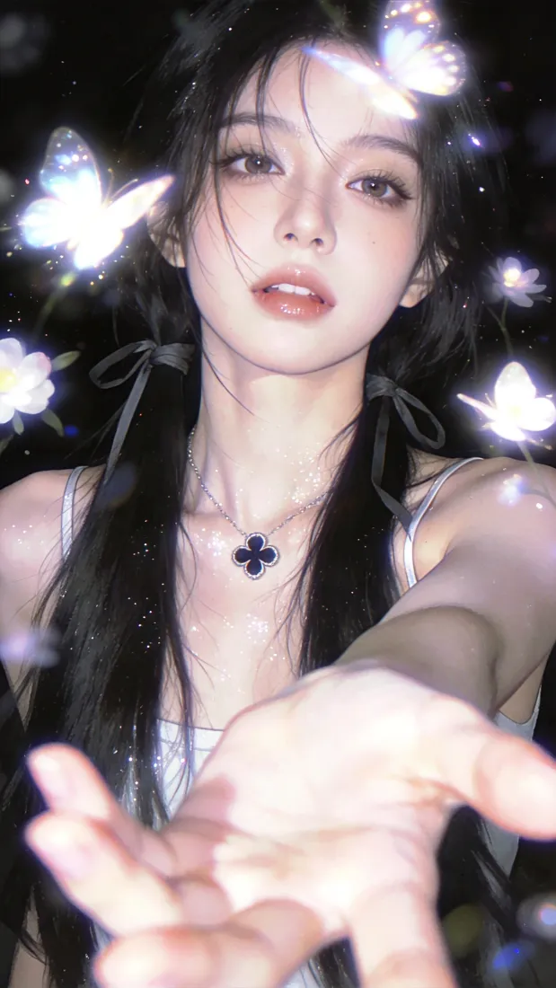蝴蝶少女手机壁纸｜暗黑发光背景图片 - 二次元黑长直美女「哲风壁纸」