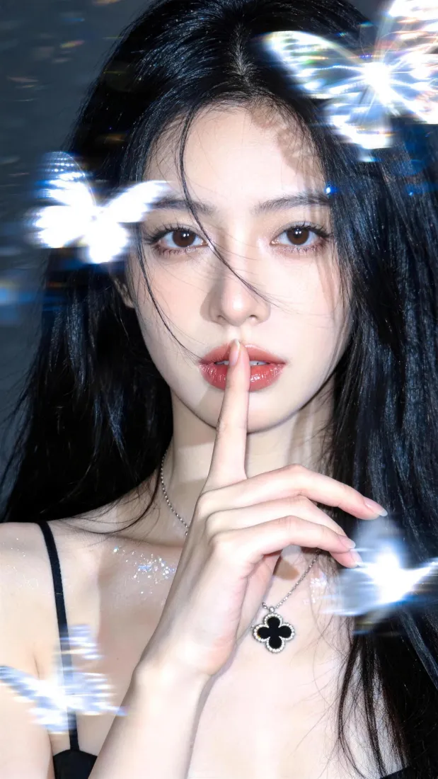 气质美女手机壁纸｜蝴蝶光影背景图片 - 吊带黑发红唇氛围感人像「哲风壁纸」
