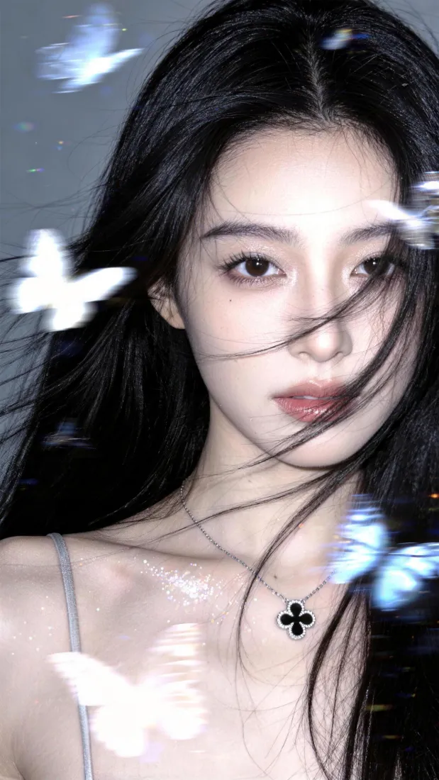 长发美女手机壁纸｜蓝色蝴蝶背景图片 - 清冷人像写真「哲风壁纸」
