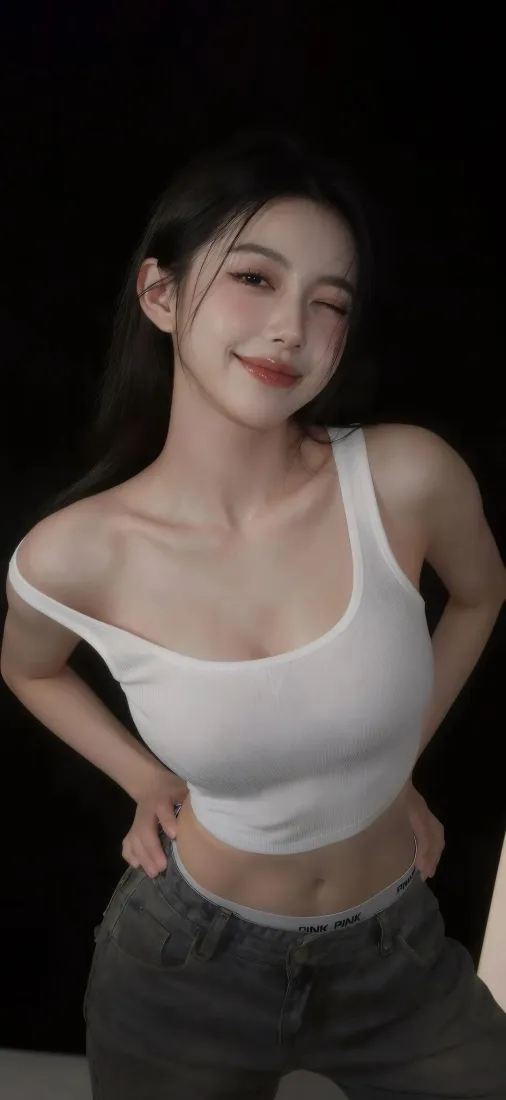 纯欲甜笑美女手机壁纸｜黑色背景图片 - 简约露肩时尚穿搭「哲风壁纸」