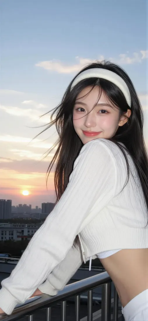 清纯美女手机壁纸｜天台日落背景图片 - 白色穿搭甜美元气少女「哲风壁纸」