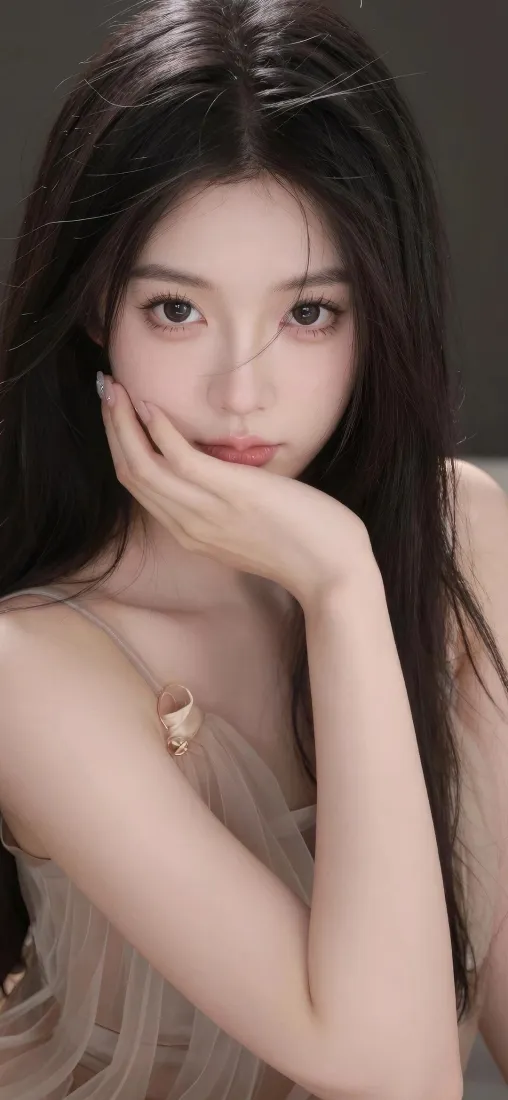 气质美女手机壁纸｜深灰背景图片 - 氛围感长发写真「哲风壁纸」