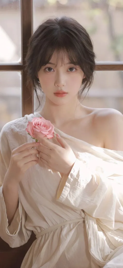 清纯气质美女手机壁纸｜窗边暖光背景图片 - 手持粉玫瑰「哲风壁纸」