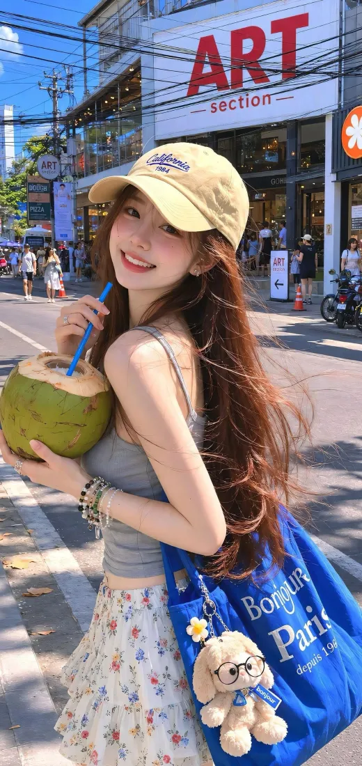 甜美少女手机壁纸｜夏日街头背景图片 - 持椰子清爽出游写真「哲风壁纸」