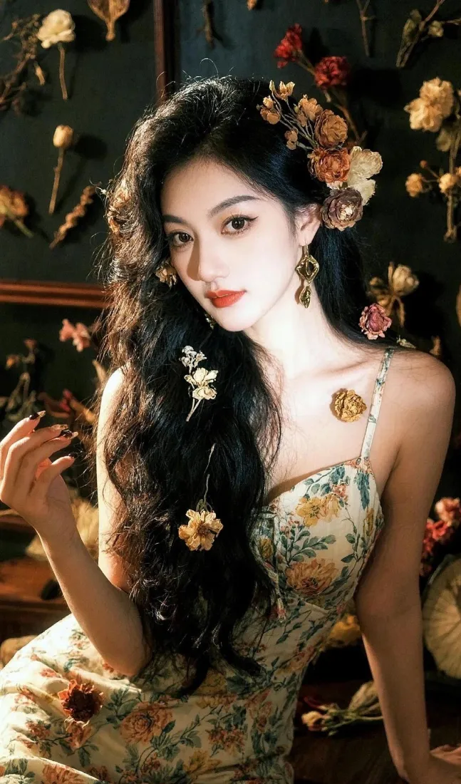 卷发花艺气质美女手机壁纸｜复古暗调背景图片 - 碎花吊带穿搭「哲风壁纸」
