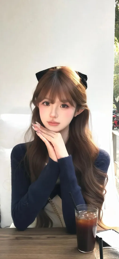 甜系美女手机壁纸｜咖啡馆桌前背景图片 - 深蓝色上衣蝴蝶结发饰「哲风壁纸」