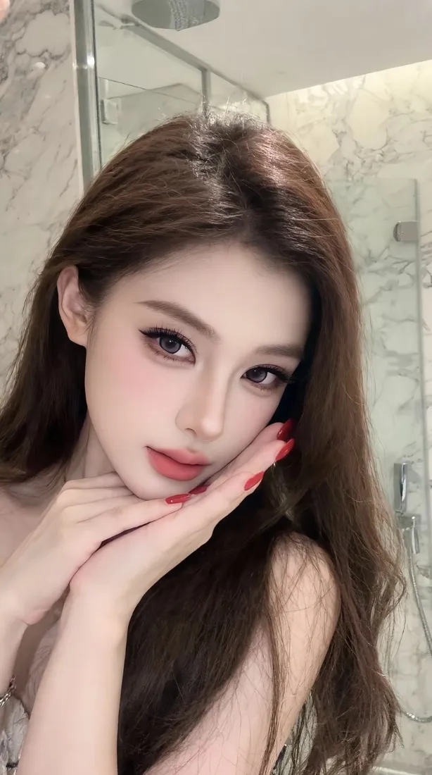 妆容精致长发美女手机壁纸｜浴室背景图片 - 气质甜酷御姐「哲风壁纸」