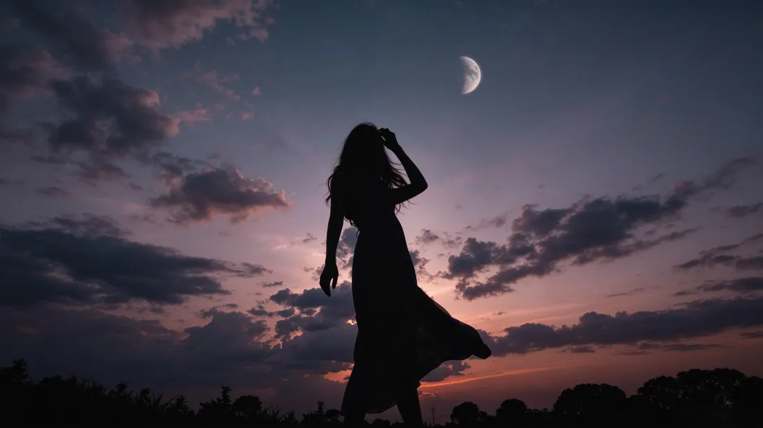 3k长裙女生剪影壁纸｜暮色月牙天空背景图片 - 氛围感写真「哲风壁纸」