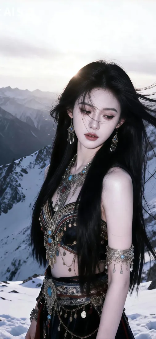 清冷异域美女手机壁纸｜雪山户外背景图片 - 民族风银饰穿搭「哲风壁纸」