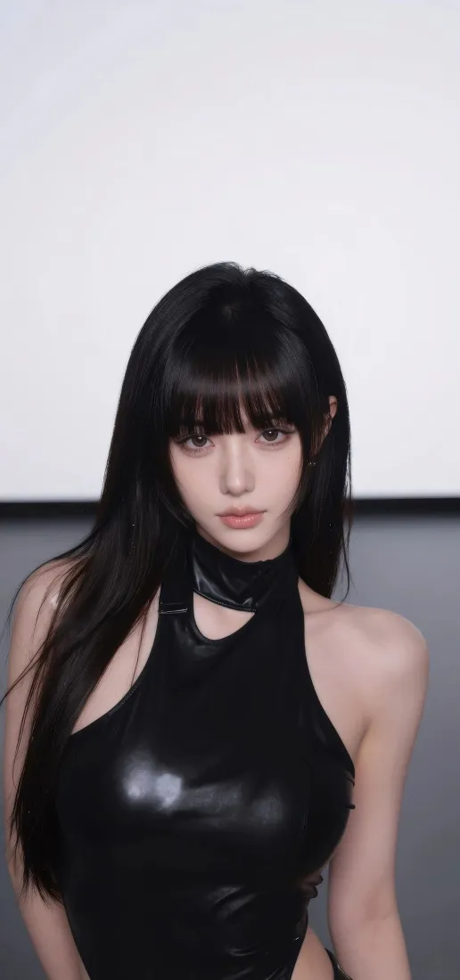 黑长直齐刘海美女手机壁纸｜简约背景图片 - 黑色挂脖穿搭「哲风壁纸」