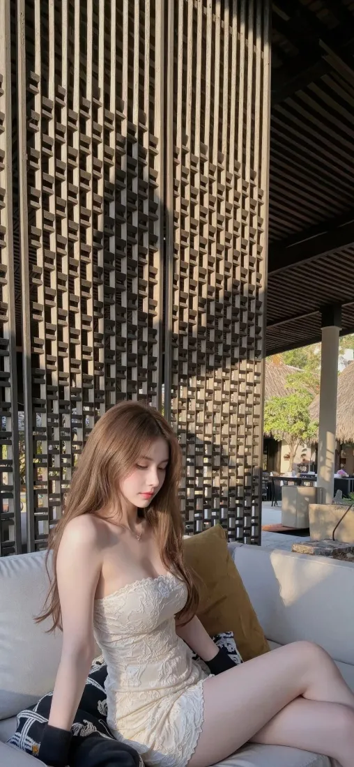 美女手机壁纸｜户外休闲场景背景图片 - 浅发抹胸穿搭「哲风壁纸」