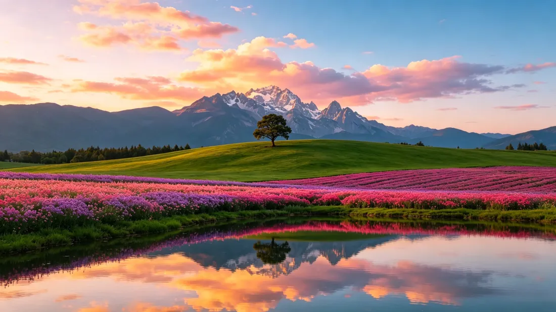 3k雪山花海壁纸｜湖光倒影风景背景图片 - 治愈日落氛围「哲风壁纸」