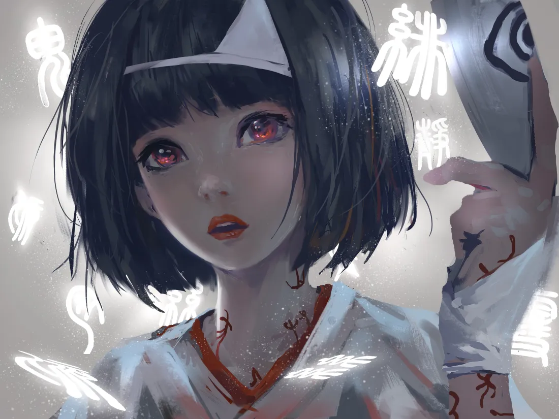 4k二次元少女壁纸｜符咒面具背景图片 - 短发红眼睛女孩「哲风壁纸」