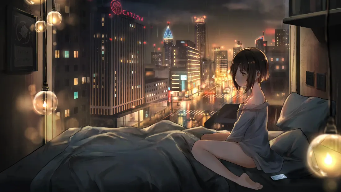 4k动漫美女壁纸｜城市夜景卧室背景图片 - 居家短发少女「哲风壁纸」