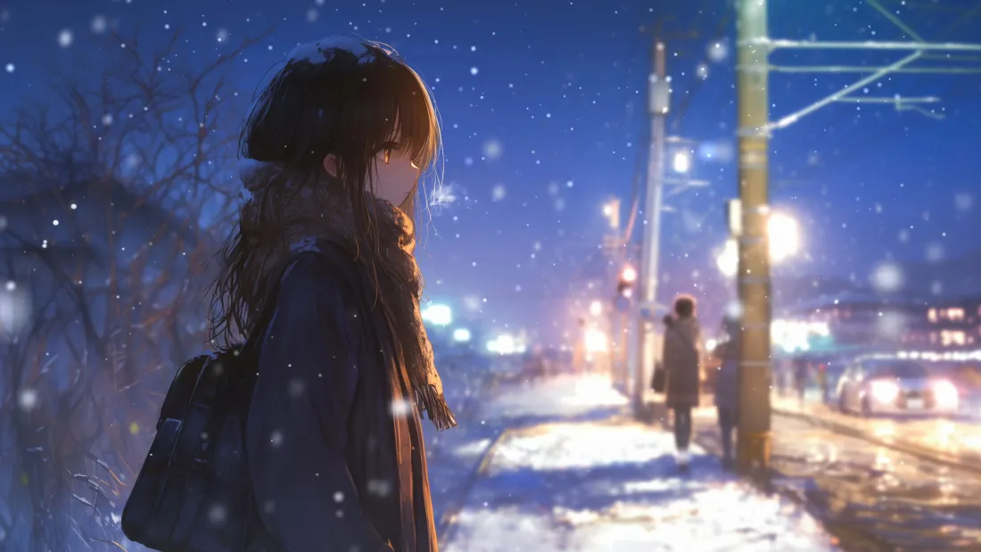 4k动漫美女壁纸｜冬季下雪街道背景图片 - 日系二次元插画「哲风壁纸」