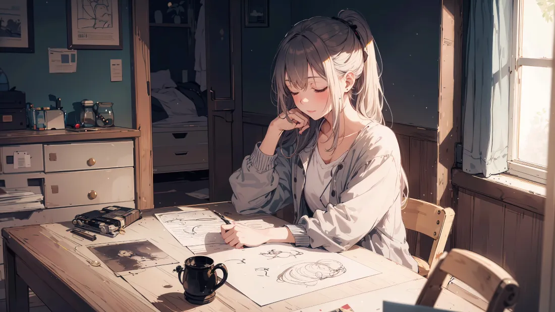4k动漫美女壁纸｜书桌画画背景图片 - 暖光居家氛围感「哲风壁纸」