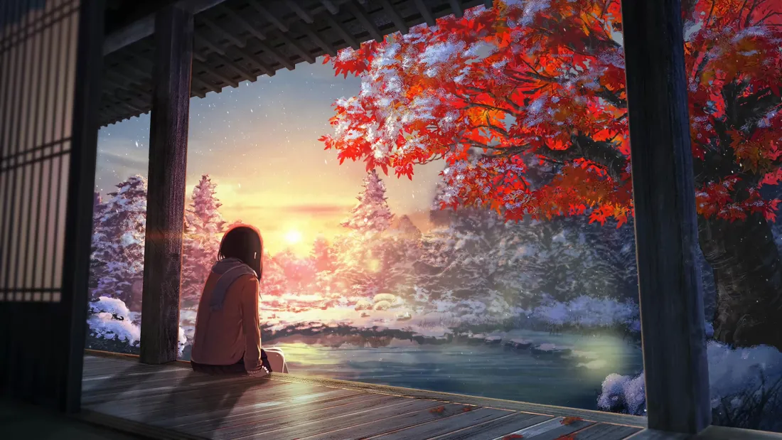4k动漫美女壁纸｜冬日枫雪日落背景图片 - 日式廊下风景「哲风壁纸」