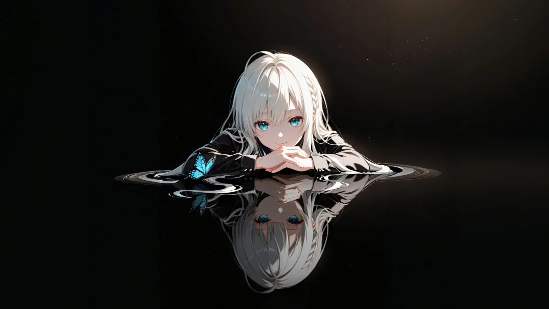 2k白发蓝瞳少女壁纸｜水面倒影背景图片 - 蓝蝶暗黑风动漫「哲风壁纸」