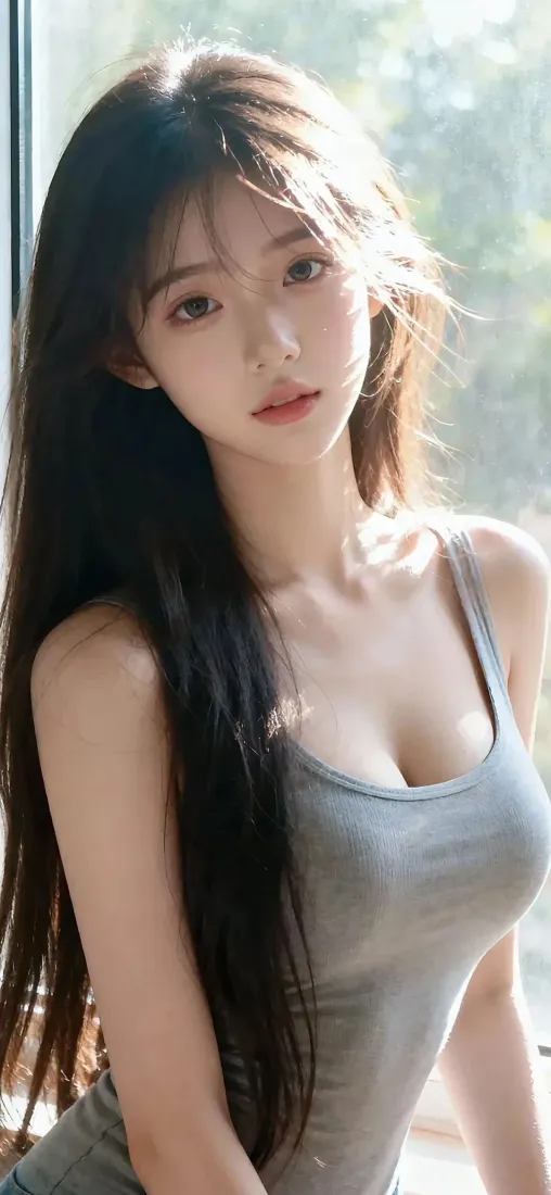 美女手机壁纸｜窗边光影背景图片 - 黑长直穿搭写真「哲风壁纸」