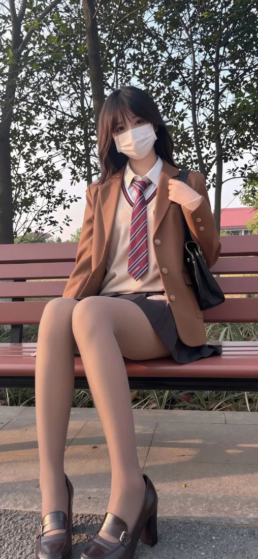 学院风JK美女手机壁纸｜户外长椅背景图片 - 性感穿搭「哲风壁纸」