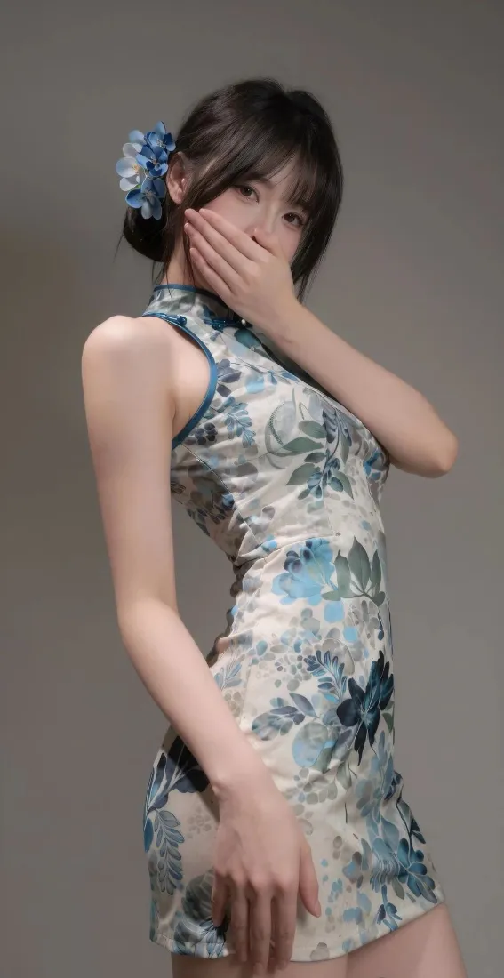 旗袍美女手机壁纸｜灰色背景图片 - 性感国风写真「哲风壁纸」