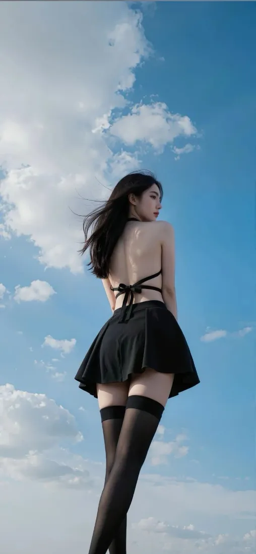 性感美女手机壁纸｜蓝天白云背景图片 - 露背穿搭写真「哲风壁纸」