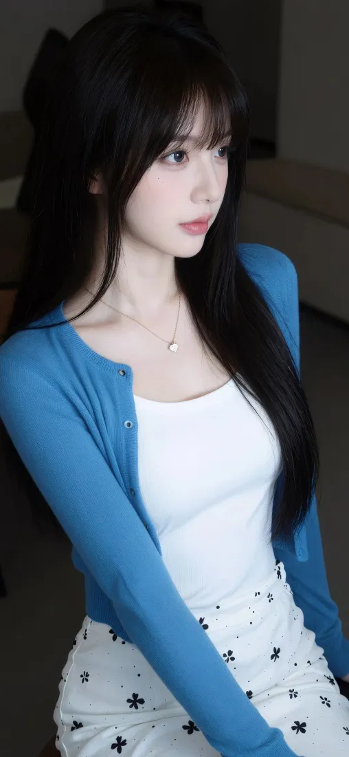 性感美女手机壁纸｜蓝色开衫穿搭背景图片 - 室内清冷人像「哲风壁纸」