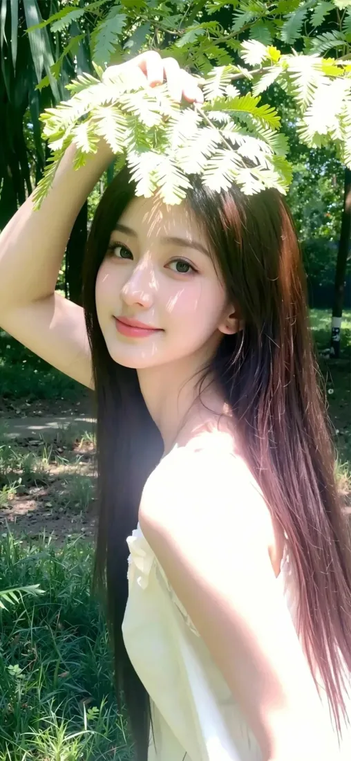 清纯长发美女手机壁纸｜夏日树林背景图片 - 白裙花环「哲风壁纸」