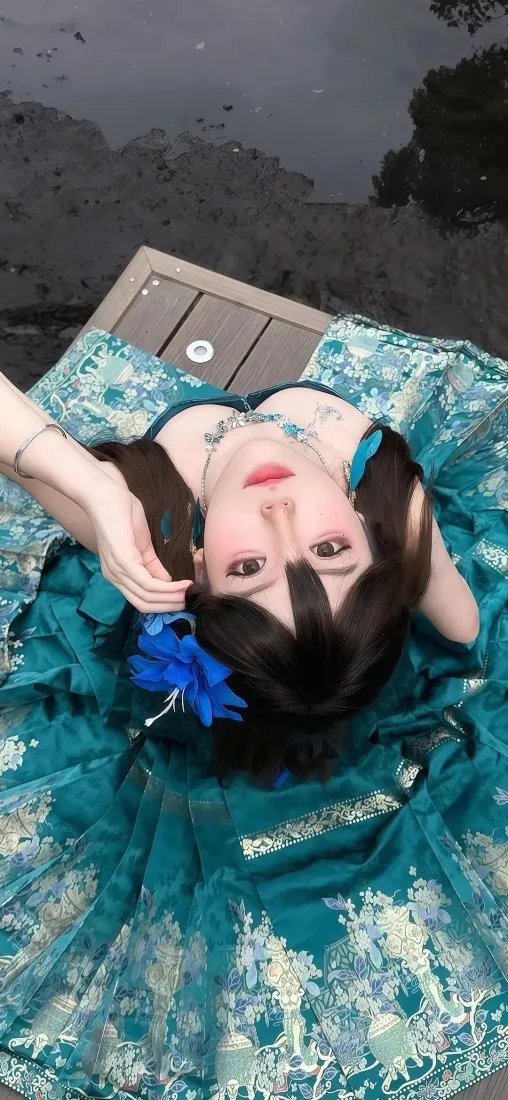 蓝衣美女手机壁纸｜古风长裙背景图片 - 性感气质写真「哲风壁纸」