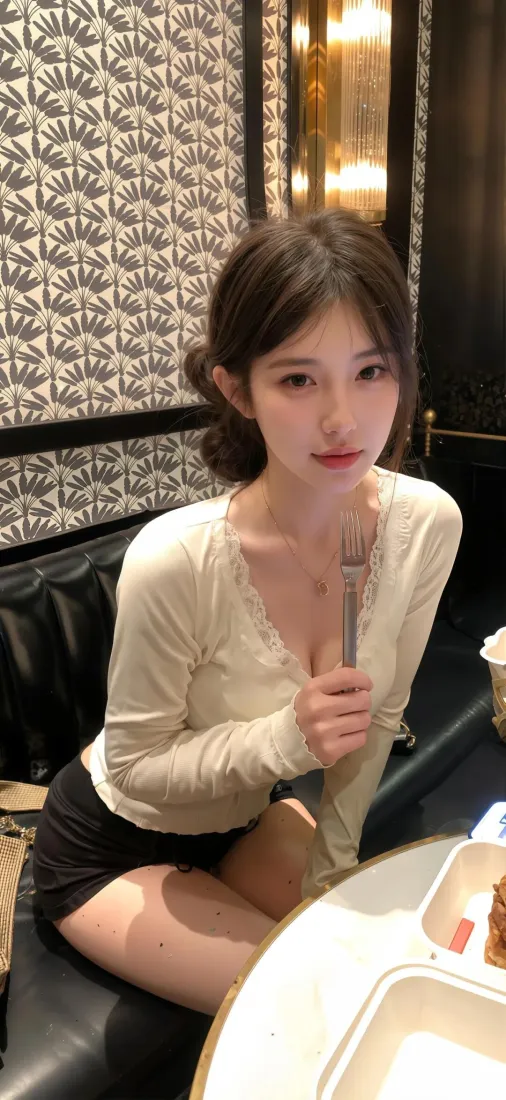 性感美女手机壁纸｜餐厅用餐背景图片 - 温柔气质写真「哲风壁纸」