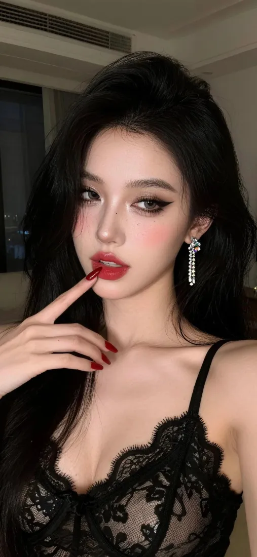 性感美女手机壁纸｜黑色蕾丝吊带背景图片 - 御姐风写真「哲风壁纸」