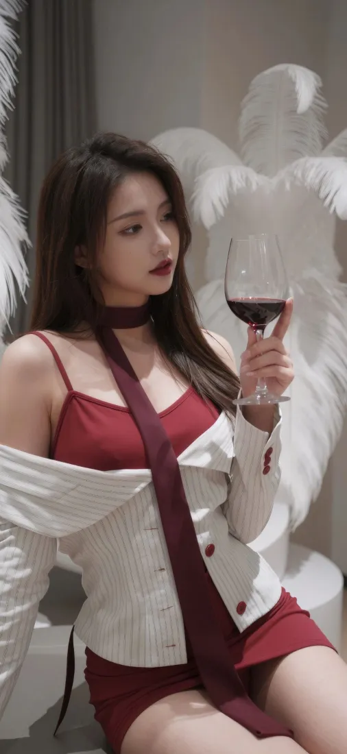 性感美女手机壁纸｜红色吊带裙背景图片 - 手持红酒羽毛装饰「哲风壁纸」