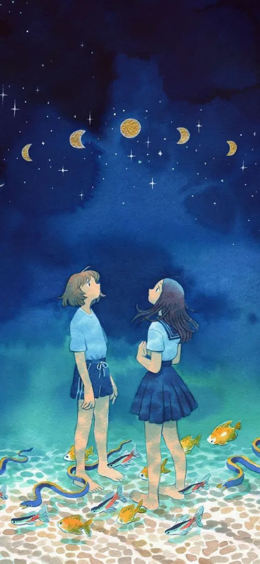 星空下两个女孩手机壁纸｜星月浅滩背景图片 - 日系插画「哲风壁纸」