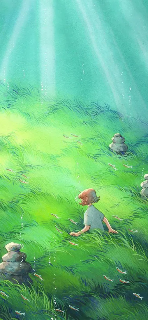 治愈插画手机壁纸｜阳光草地背景图片 - 女孩静谧休闲场景「哲风壁纸」