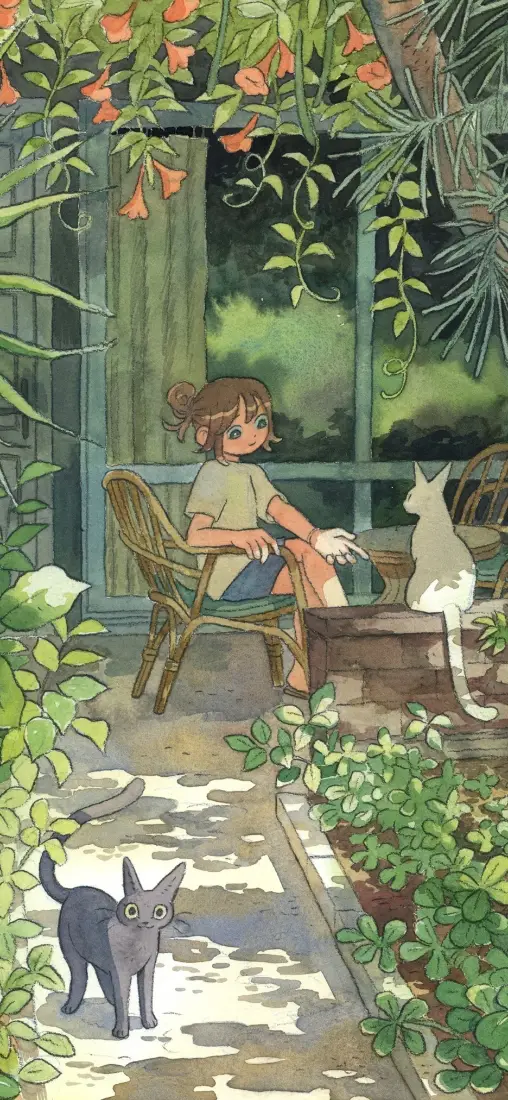花房小猫手机壁纸｜治愈少女绿植背景图片 - 阳光休闲场景「哲风壁纸」