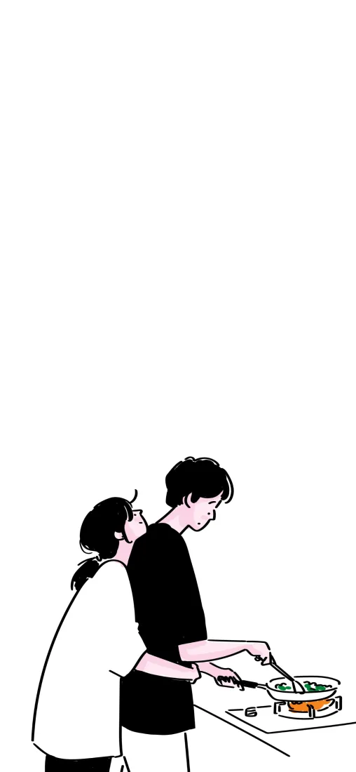 甜蜜情侣手机壁纸｜居家做饭背景图片 - 治愈插画「哲风壁纸」