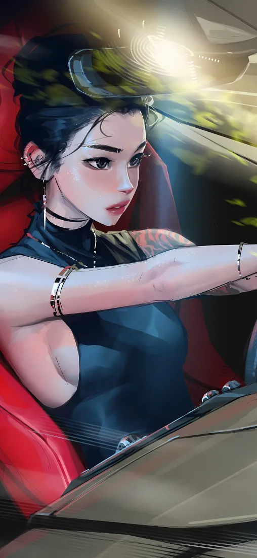 二次元酷飒美女手机壁纸｜车内驾驶背景图片 - 御姐手绘插画「哲风壁纸」