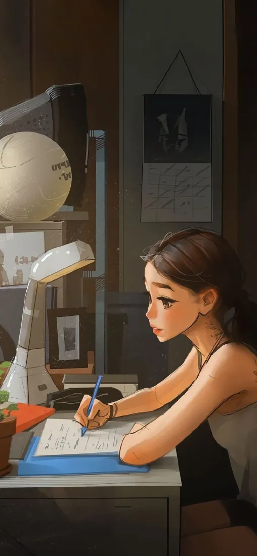 动漫美女手机壁纸｜书桌台灯背景图片 - 暖光学习手绘插画「哲风壁纸」