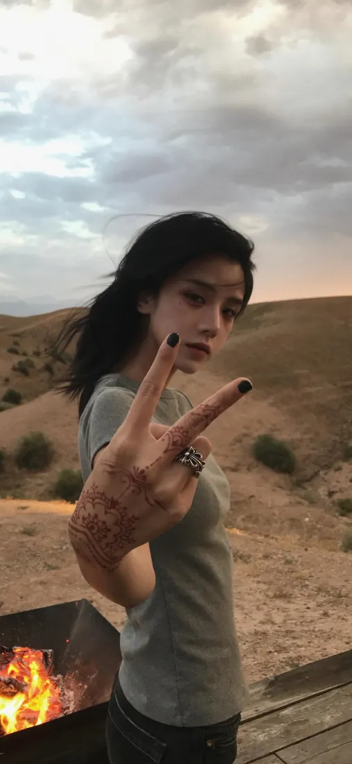 美女手机壁纸｜沙丘篝火背景图片 - 户外氛围感人像「哲风壁纸」